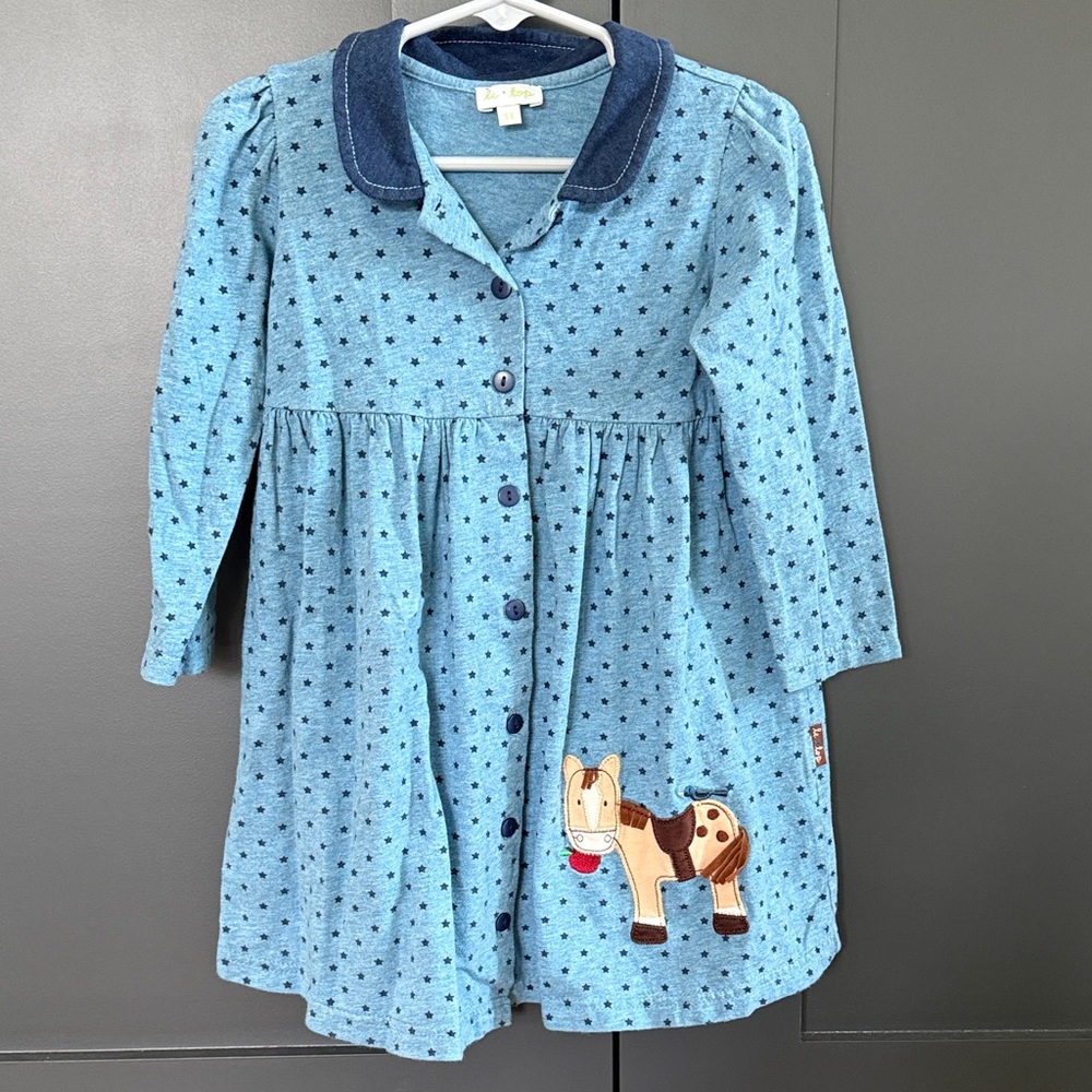 Le Top Girls Blue Button Down Dress with Horse Detail